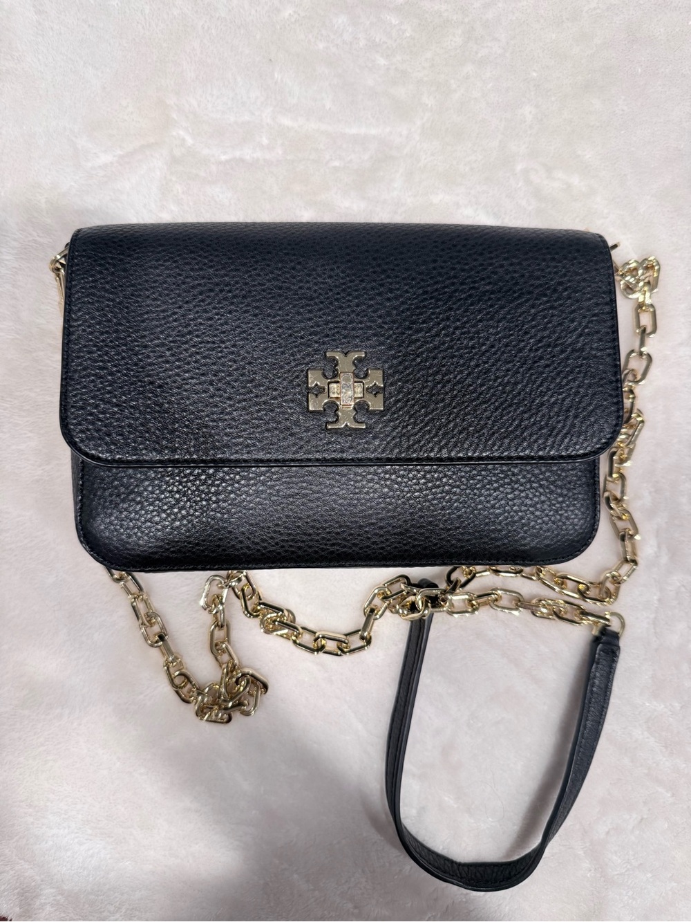 Tory Burch Black Pebbled Leather Gold-Chain Crossbody